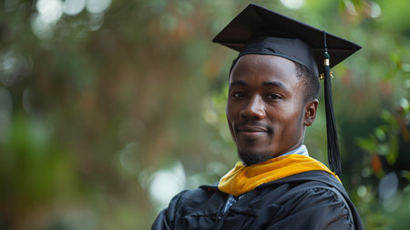 A young man in a black graduation gown and cap smiles for a portrait in a brightly lit outdoor setting.の素材