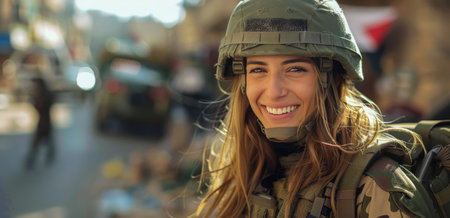 A female soldier in a military uniform smiles while on patrol during the day.の素材