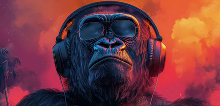 A close-up image of a gorilla wearing headphones and sunglasses, looking relaxed and enjoying music. The background features a vibrant sunset with clouds.の素材