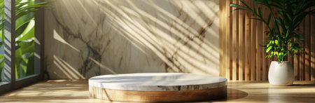 Elegant display with wood and marble platform against textured wall. Soft sunlight and leafy plants create a natural touch.の素材