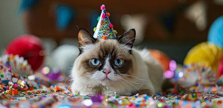 A grumpy-looking cat wearing a colorful party hat sits surrounded by confetti.の素材