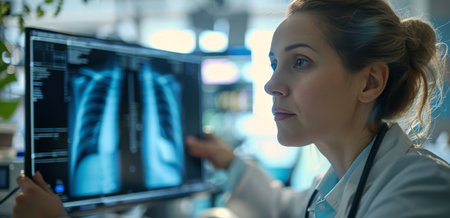 A female doctor in a white coat examines a chest x-ray on a computer screen in an office setting.の素材