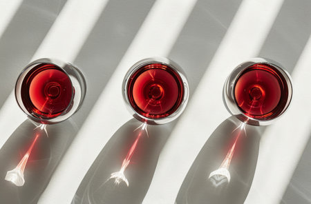 Two glasses of red liquid sit on a white surface with shadows cast by sunlight.の素材