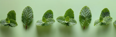 A flat lay image featuring fresh, green mint leaves scattered on a light green background.の素材