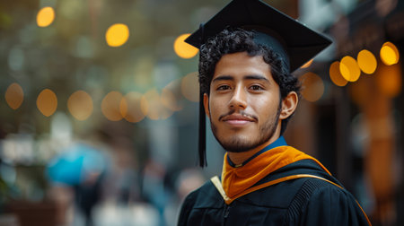 A young man in a black graduation gown and cap smiles for a portrait in a brightly lit outdoor setting.の素材