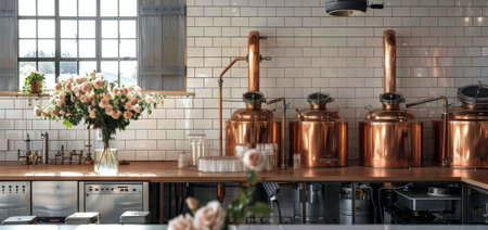 A modern distillery with copper stills, fresh flowers, and a clean, minimalist design.の素材