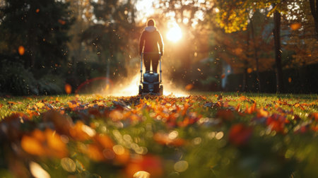A person mows a lawn with a lawnmower, surrounded by falling autumn leaves in the setting sun.の素材