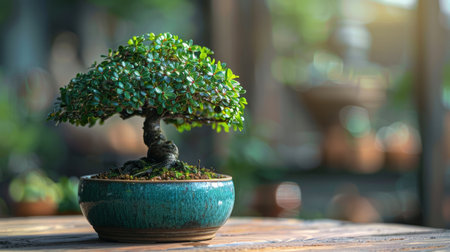 A small, green bonsai tree sits in a pot on a wooden table in a sunny greenhouse.の素材