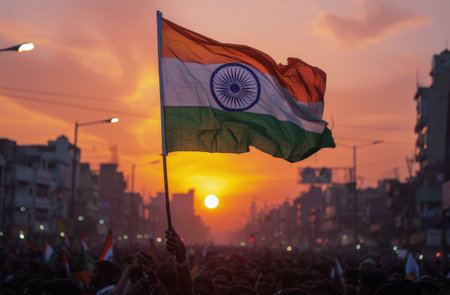 A crowd of people celebrate in a city with a large Indian flag waving in the air at sunset.の素材