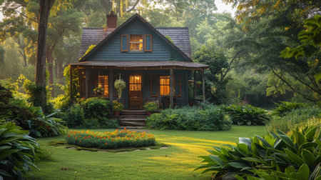 A quaint blue cottage sits amidst a vibrant green forest, with a charming front porch and potted plants.の素材