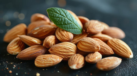 A close-up shot of a pile of salted almonds with fresh green leaves on top, resting on a dark surface.の素材