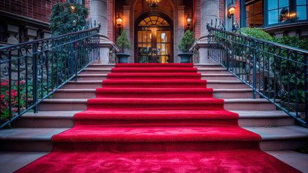 A red carpet leads up the grand staircase of a mansion, with the front door visible in the background.の素材