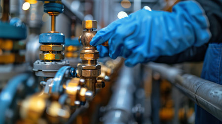 A worker in blue gloves carefully adjusts a metal valve in a factory setting.の素材