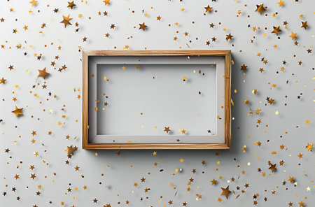 A white background with scattered golden glitter stars and a white frame in the center.の素材