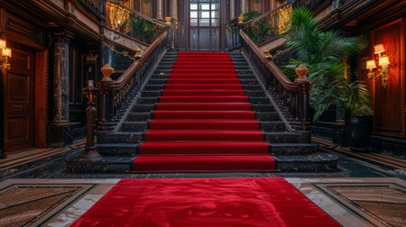 A red carpet leads up the grand staircase of a mansion, with the front door visible in the background.の素材