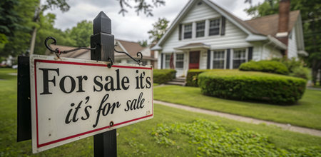A white For Sale sign with red lettering stands in front of a green lawn with two houses in the background.の素材