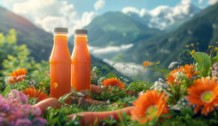 Two glass bottles filled with fresh carrot juice sit on a table surrounded by carrots, flowers, and lush green foliage. A stunning mountain view is in the background.の素材