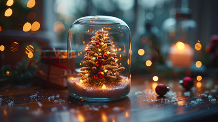 A small, decorated Christmas tree sits inside a glass jar, lit with string lights. The jar is placed on a snowy surface with a blurry background of glowing lights.の素材