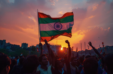 A crowd of people celebrate in a city with a large Indian flag waving in the air at sunset.の素材