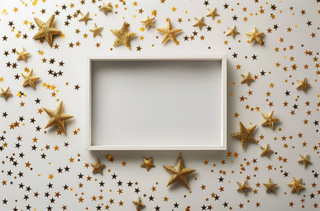 A white background with scattered golden glitter stars and a white frame in the center.の素材