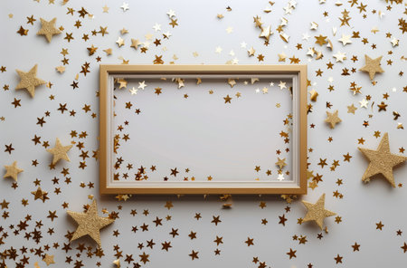 A white background with scattered golden glitter stars and a white frame in the center.の素材