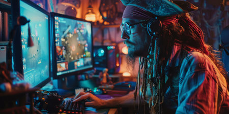 A pirate captain, dressed in full costume, plays a video game on a desktop computer at night. The computer screen is brightly lit, and the room is dimly lit with warm, ambient light.の素材