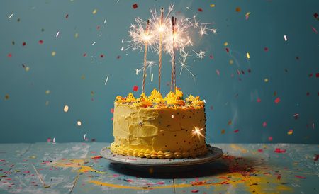 A yellow birthday cake with sparkler candles and confetti falling around it.の素材