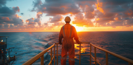 A solitary figure in a jumpsuit stands on the deck of a ship, gazing out at the vibrant sunset over the vast ocean.の素材