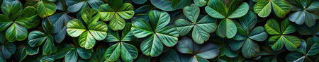 A close-up image of green clover leaves against a black background. The leaves are arranged in a random pattern, creating a textured and natural look.の素材