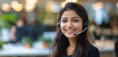 A young woman wearing a headset smiles at the camera in an office setting.の素材