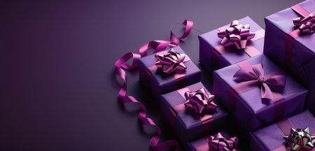 Purple gift boxes with satin ribbon bows on a purple background.の素材