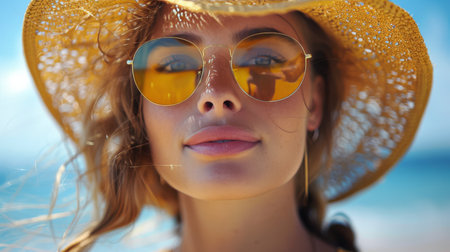 A young woman with curly hair wears a yellow hat and sunglasses while looking directly at the camera.の素材