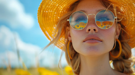 A young woman with curly hair wears a yellow hat and sunglasses while looking directly at the camera.の素材