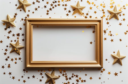 A gold picture frame on a white background with scattered gold stars.の素材