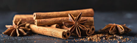 Cinnamon sticks and star anise are arranged on a dark surface.の素材
