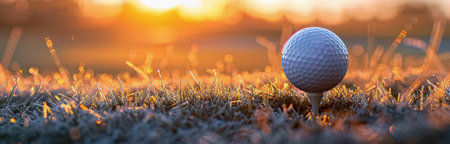 A golf ball sits on a tee, ready to be struck, at sunrise on a dewy, grassy golf course.の素材