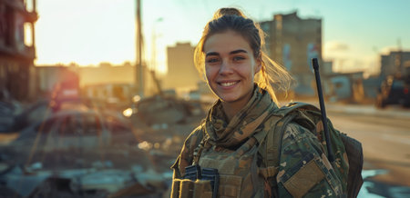 A female soldier, clad in camouflage, stands in a war-torn city, a faint smile on her face. The backdrop of the image is a city landscape marked by destruction.の素材
