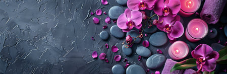 A tranquil spa setting with orchids, candles, and rolled towels. Rain falls softly, creating a sense of serenity.の素材