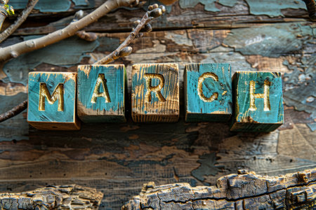 Wooden blocks spelling the word March, with a green leaf on one block. The blocks are colorful and painted on a rustic wooden surface.の素材