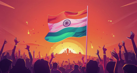 A crowd of people raises their hands in celebration, with the Indian national flag waving proudly in the sunset sky.の素材