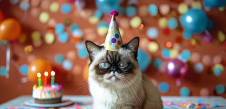 A white and gray cat wearing a colorful party hat sits in front of a birthday cake and balloons. Confetti falls around the cat, who appears to be unimpressed with the celebration.の素材