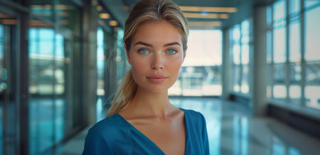 A woman with long blonde hair and a blue dress poses in front of a large skylight in a modern building.の素材