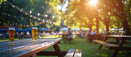A single glass of beer rests on a wooden table in a beer garden, with the rest of the tables and people blurred in the background.の素材