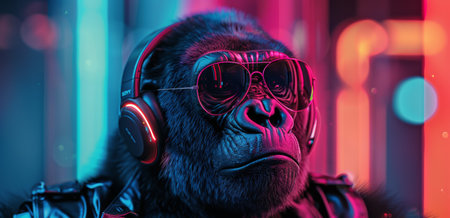 A close-up image of a gorilla wearing headphones and sunglasses, standing in front of a colorful neon background.の素材