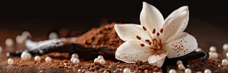 A white lily flower sits on top of a bed of cocoa powder and vanilla beans.の素材