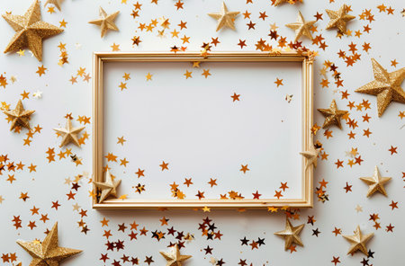 A gold picture frame on a white background with scattered gold stars.の素材
