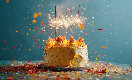 A yellow birthday cake with sparkler candles and confetti falling around it.の素材
