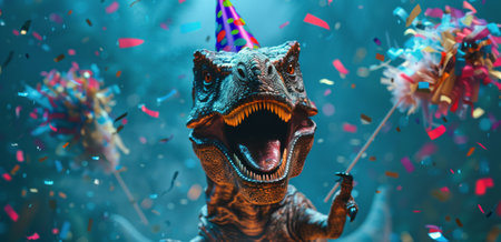 A close-up image of a dinosaur wearing a birthday hat, surrounded by colorful confetti.の素材
