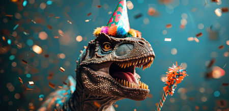 A close-up image of a dinosaur wearing a birthday hat, surrounded by colorful confetti.の素材