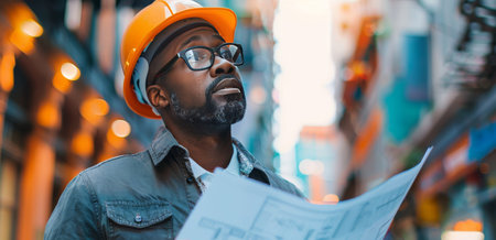 A construction worker in a hard hat and glasses stands in front of a building, holding blueprints and looking up thoughtfully.の素材